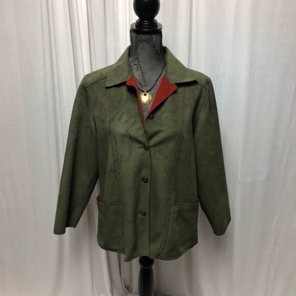 Alfred Dunner Jacket Womens Size 6 Petite Green Red Faux Suede Button Up Autumn - Picture 1 of 6
